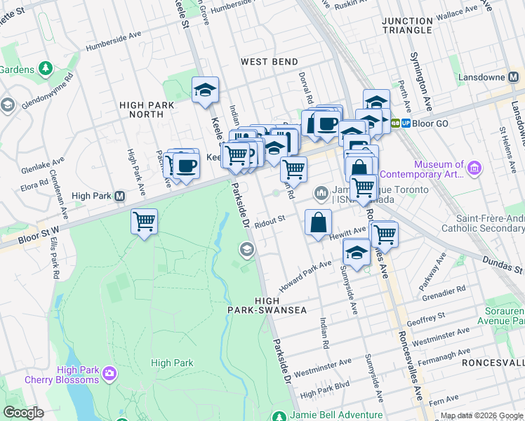 map of restaurants, bars, coffee shops, grocery stores, and more near 70 Indian Grove in Toronto