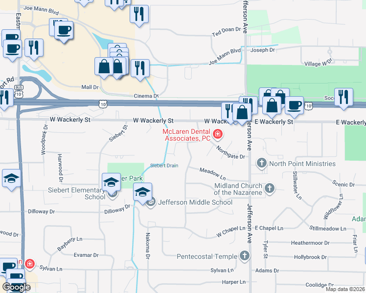 map of restaurants, bars, coffee shops, grocery stores, and more near 6117 Summerset Drive in Midland