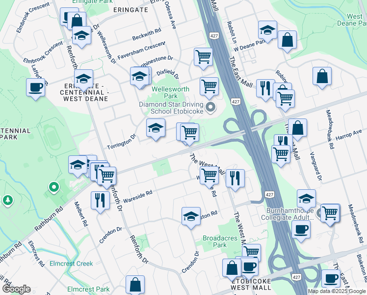 map of restaurants, bars, coffee shops, grocery stores, and more near 452 Rathburn Road in Toronto