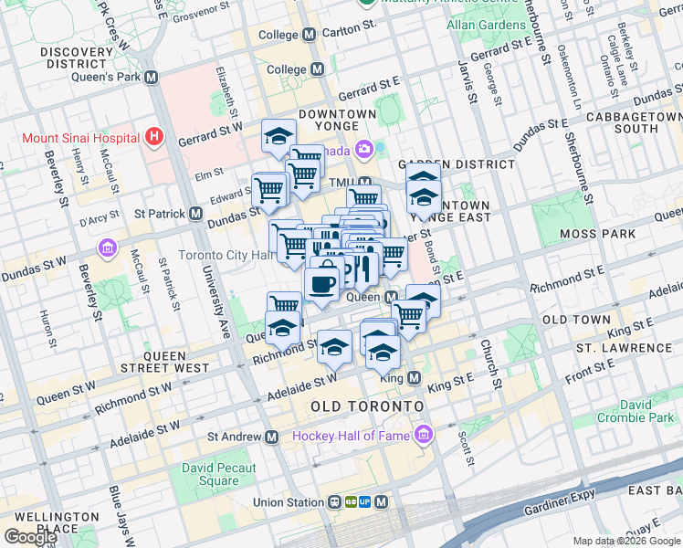 map of restaurants, bars, coffee shops, grocery stores, and more near 22 Albert Street in Toronto