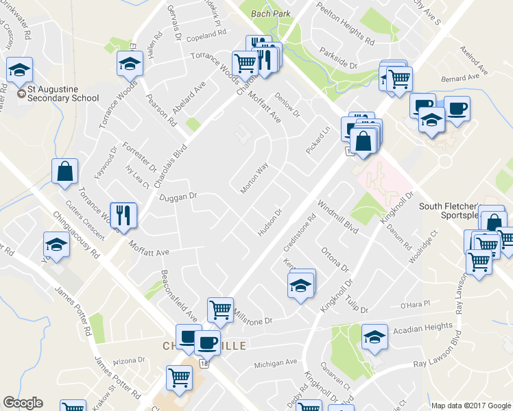 map of restaurants, bars, coffee shops, grocery stores, and more near 2 Farley Road in Brampton