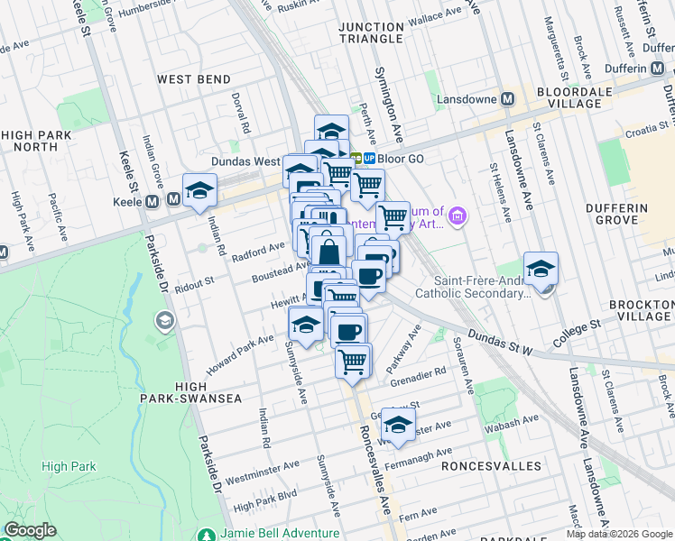 map of restaurants, bars, coffee shops, grocery stores, and more near 2179 Dundas Street West in Toronto