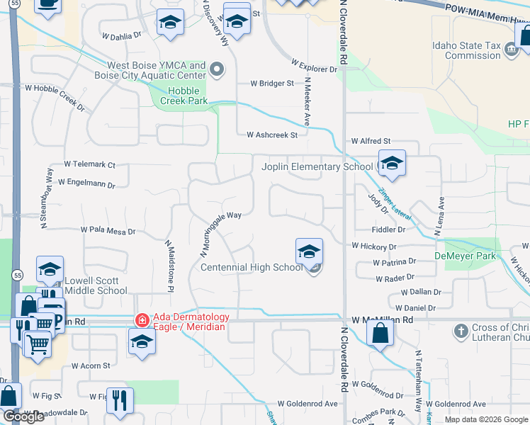 map of restaurants, bars, coffee shops, grocery stores, and more near 12521 West Red Spruce Drive in Boise