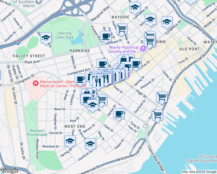 map of restaurants, bars, coffee shops, grocery stores, and more near 660 Congress Street in Portland
