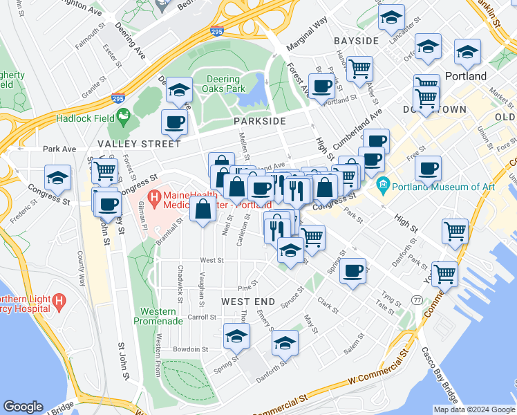 map of restaurants, bars, coffee shops, grocery stores, and more near 714 Congress Street in Portland