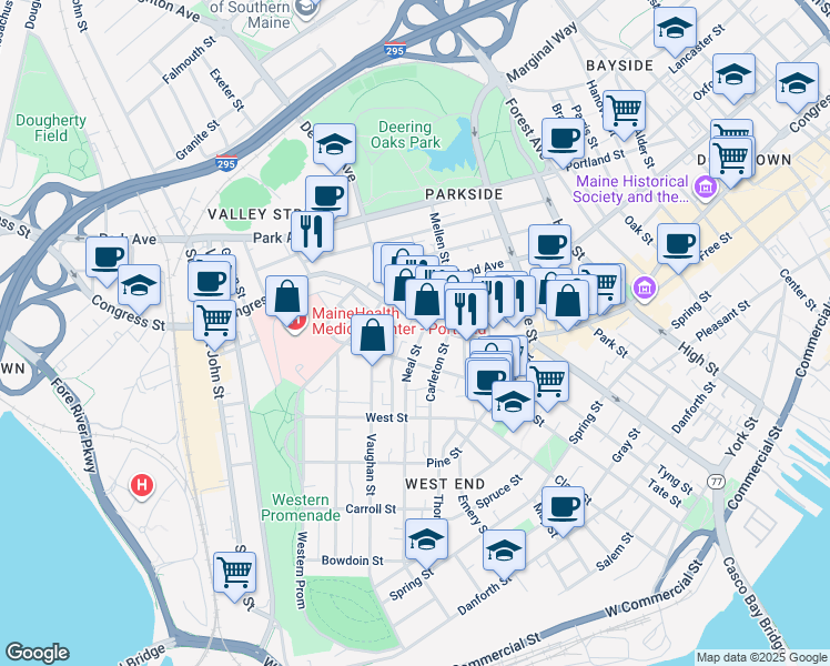 map of restaurants, bars, coffee shops, grocery stores, and more near 168 Neal Street in Portland