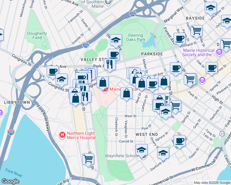 map of restaurants, bars, coffee shops, grocery stores, and more near 22 Bramhall Street in Portland