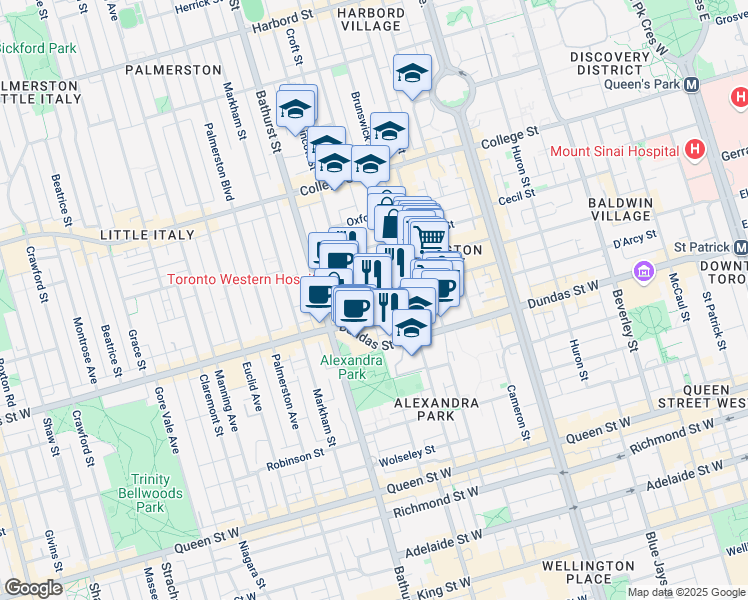 map of restaurants, bars, coffee shops, grocery stores, and more near in Toronto