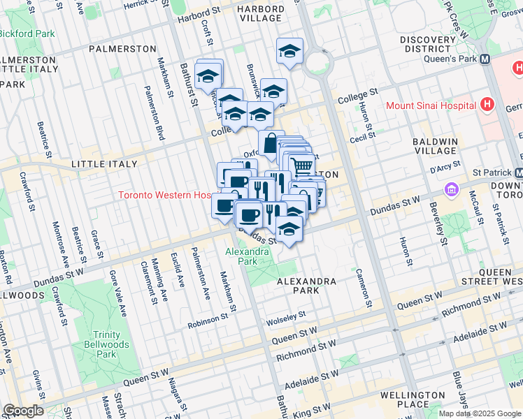 map of restaurants, bars, coffee shops, grocery stores, and more near in Toronto