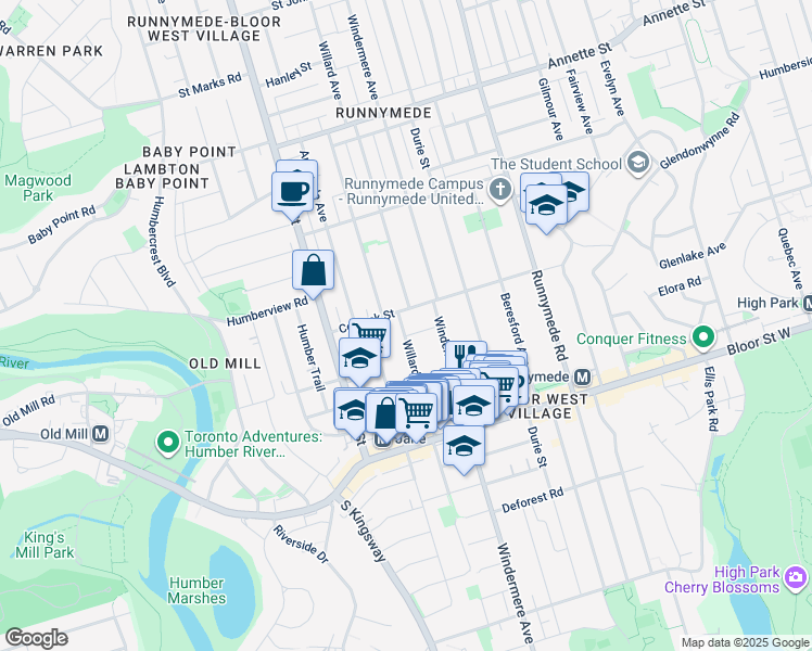 map of restaurants, bars, coffee shops, grocery stores, and more near 347 Willard Avenue in Toronto