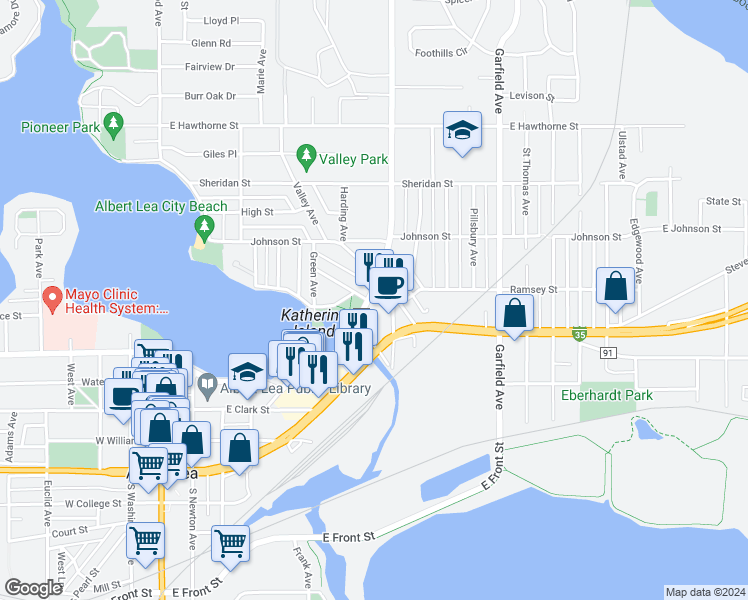 map of restaurants, bars, coffee shops, grocery stores, and more near 422 Bridge Avenue in Albert Lea