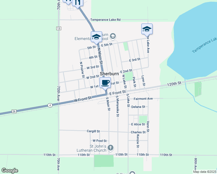 map of restaurants, bars, coffee shops, grocery stores, and more near 26 North Main Street in Sherburn