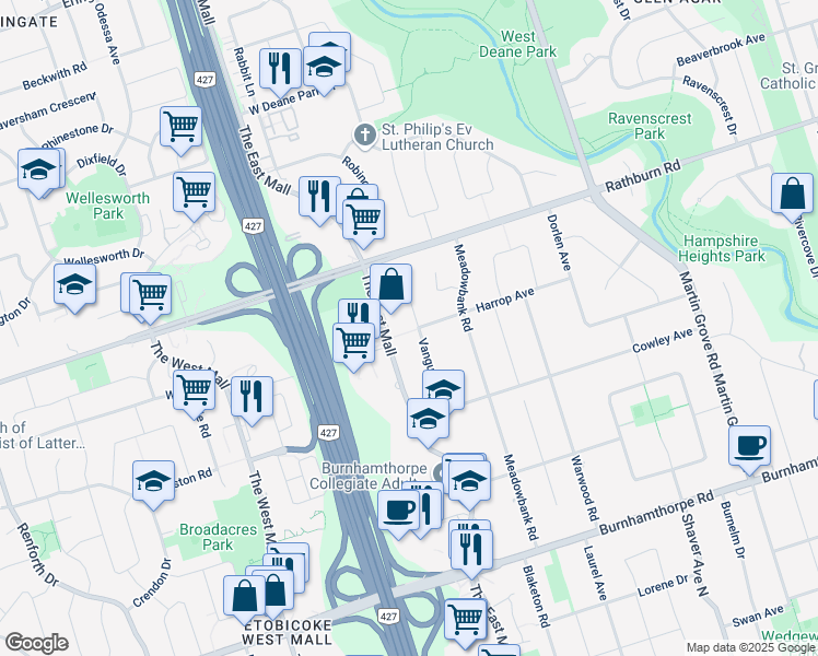 map of restaurants, bars, coffee shops, grocery stores, and more near 44 Vanguard Drive in Toronto
