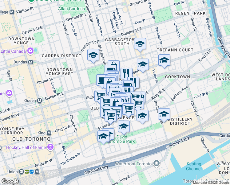 map of restaurants, bars, coffee shops, grocery stores, and more near 313 Richmond Street East in Toronto