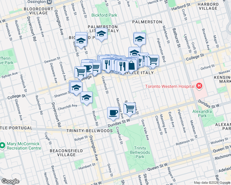 map of restaurants, bars, coffee shops, grocery stores, and more near 121 Montrose Avenue in Toronto