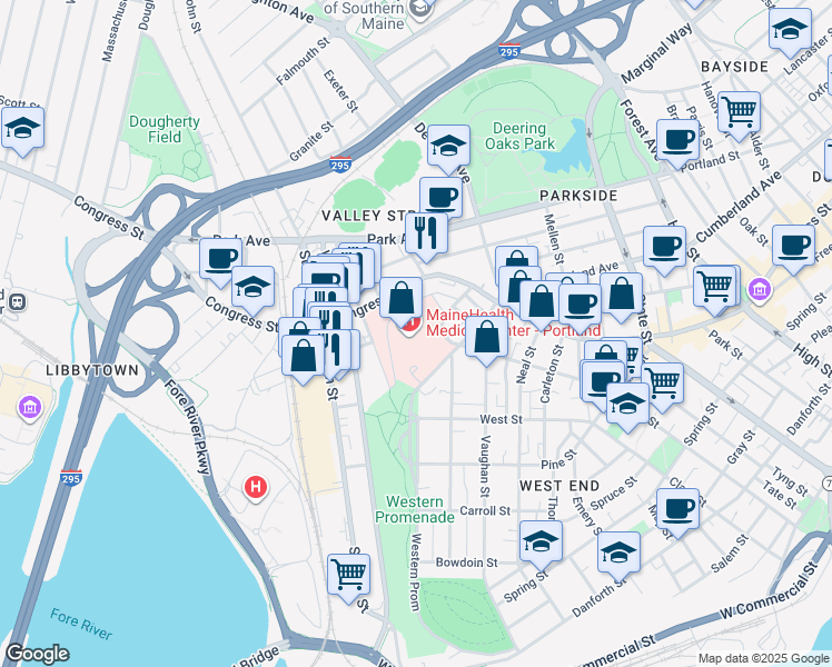 map of restaurants, bars, coffee shops, grocery stores, and more near 22 Bramhall Street in Portland