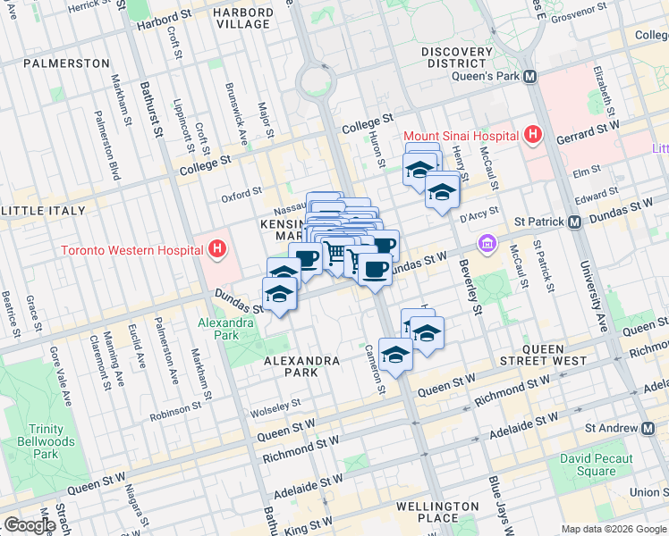 map of restaurants, bars, coffee shops, grocery stores, and more near 21 Kensington Avenue in Toronto