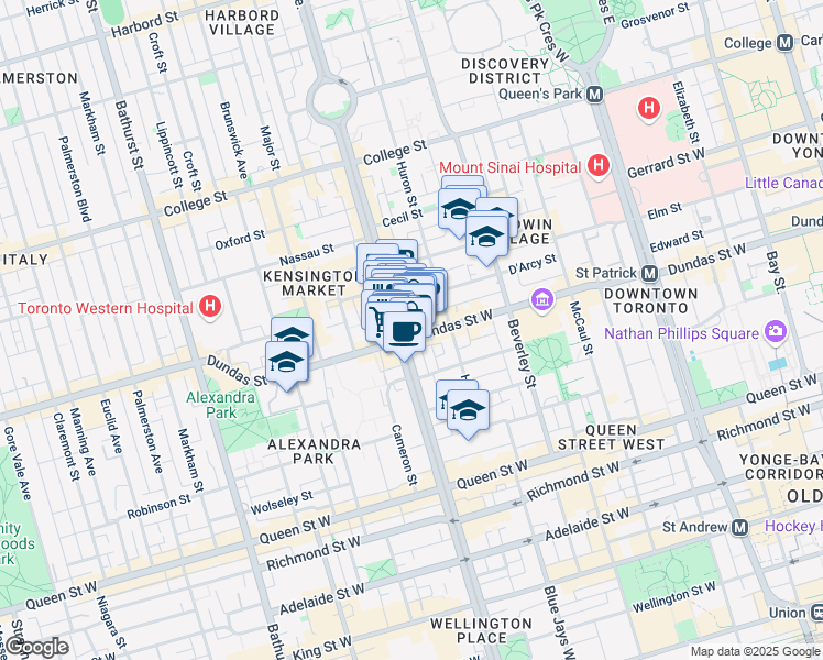 map of restaurants, bars, coffee shops, grocery stores, and more near 263 Spadina Avenue in Toronto
