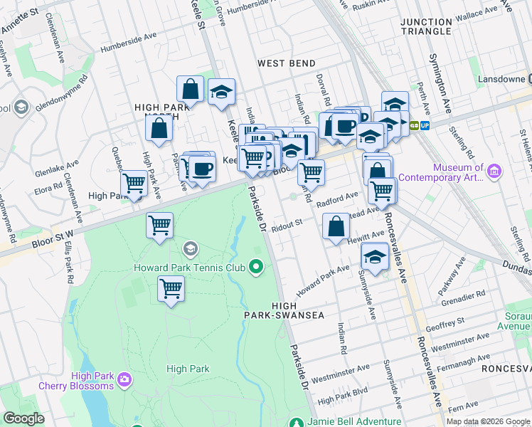 map of restaurants, bars, coffee shops, grocery stores, and more near Parkside Drive in Toronto