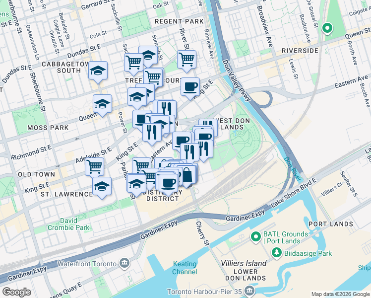 map of restaurants, bars, coffee shops, grocery stores, and more near 461 Cherry Street in Toronto