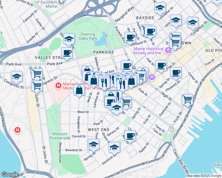 map of restaurants, bars, coffee shops, grocery stores, and more near 707 Congress Street in Portland