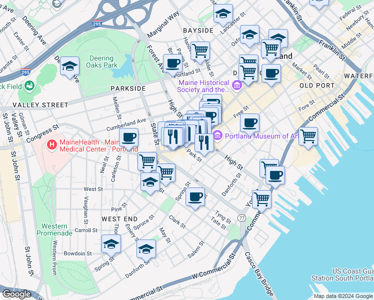 map of restaurants, bars, coffee shops, grocery stores, and more near 150 Park St in Portland