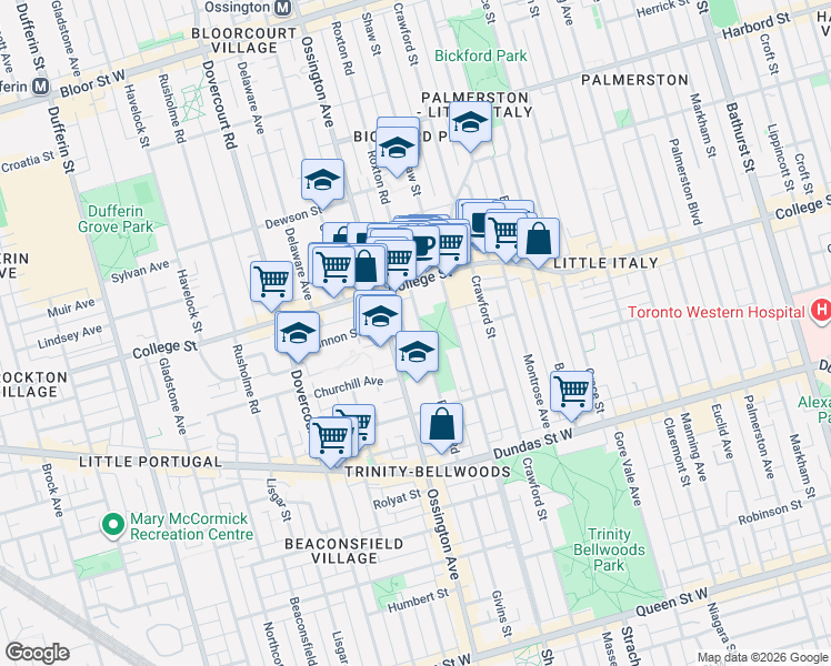 map of restaurants, bars, coffee shops, grocery stores, and more near 164 Roxton Road in Toronto