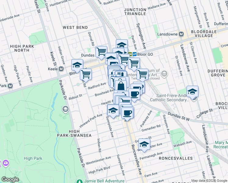 map of restaurants, bars, coffee shops, grocery stores, and more near 11 Boustead Avenue in Toronto