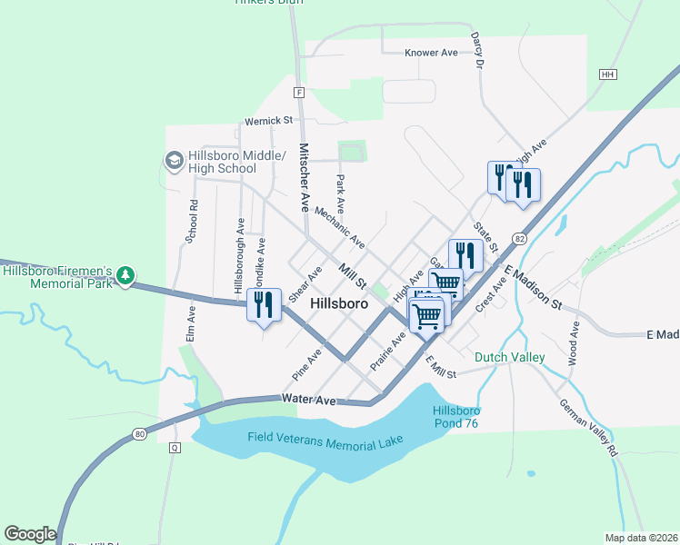 map of restaurants, bars, coffee shops, grocery stores, and more near 431 East Mill Street in Hillsboro