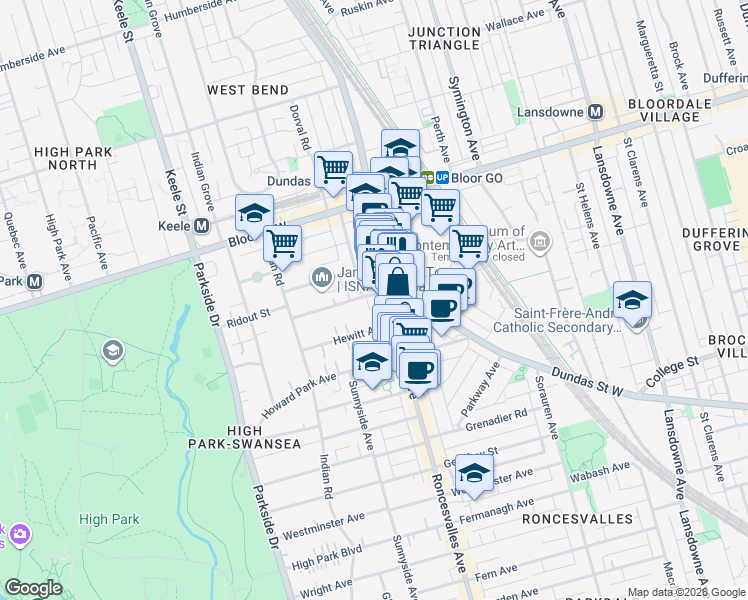 map of restaurants, bars, coffee shops, grocery stores, and more near 15 Boustead Avenue in Toronto