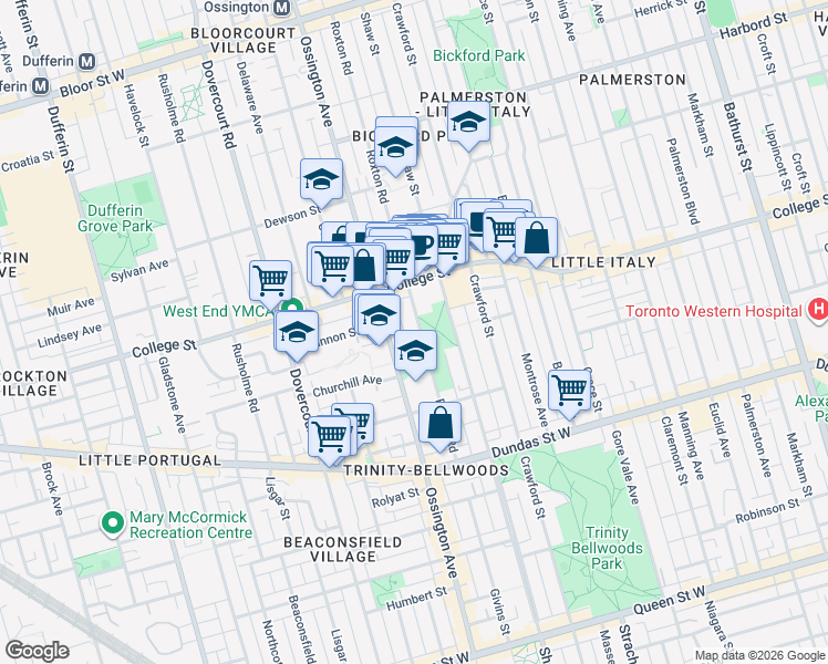 map of restaurants, bars, coffee shops, grocery stores, and more near 155 Roxton Road in Toronto