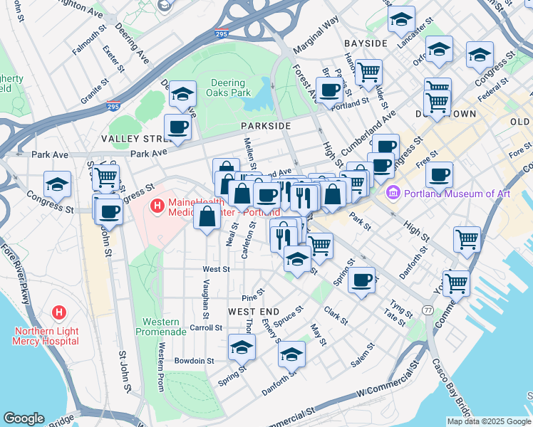 map of restaurants, bars, coffee shops, grocery stores, and more near 714 Congress Street in Portland