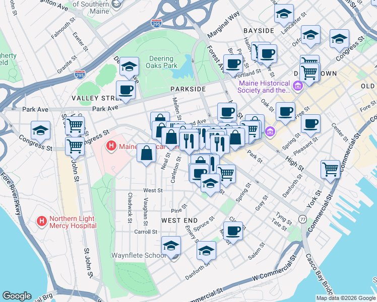 map of restaurants, bars, coffee shops, grocery stores, and more near 727 Congress Street in Portland