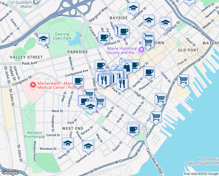 map of restaurants, bars, coffee shops, grocery stores, and more near 638 Congress Street in Portland