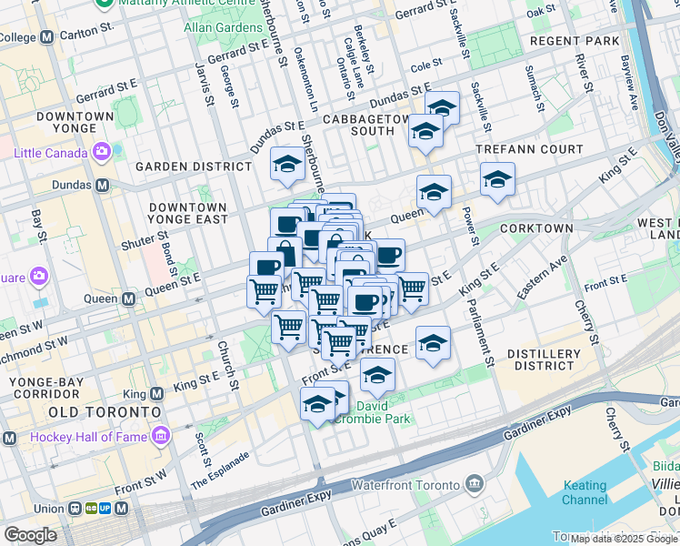 map of restaurants, bars, coffee shops, grocery stores, and more near 298 Richmond Street East in Toronto