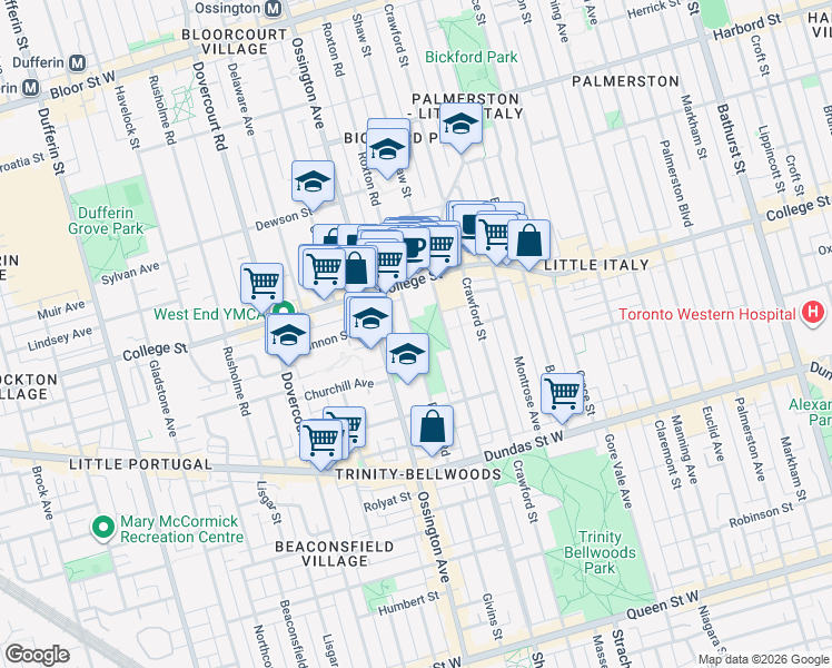 map of restaurants, bars, coffee shops, grocery stores, and more near 155 Roxton Road in Toronto