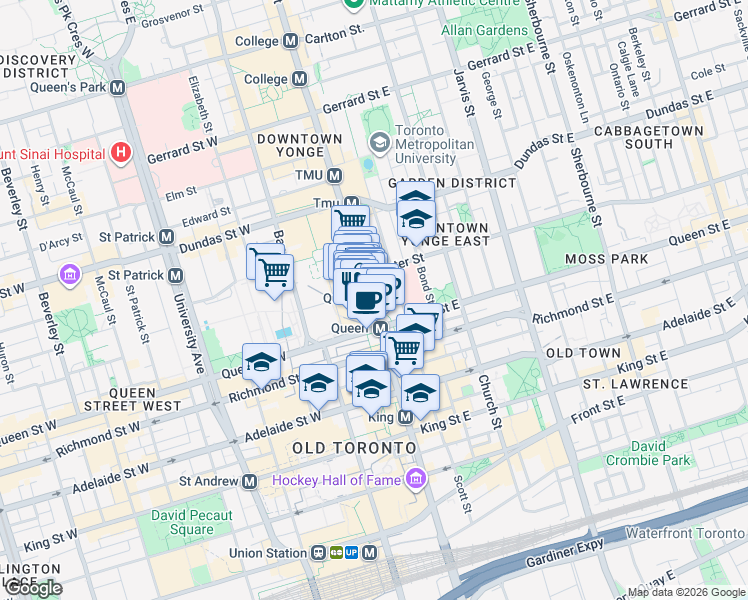 map of restaurants, bars, coffee shops, grocery stores, and more near 197 Yonge Street in Toronto