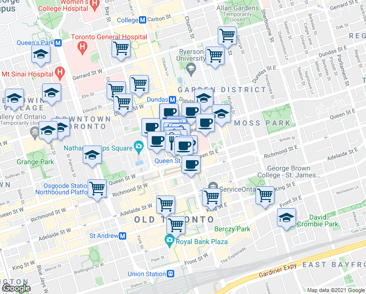 map of restaurants, bars, coffee shops, grocery stores, and more near 197 Yonge Street in Toronto