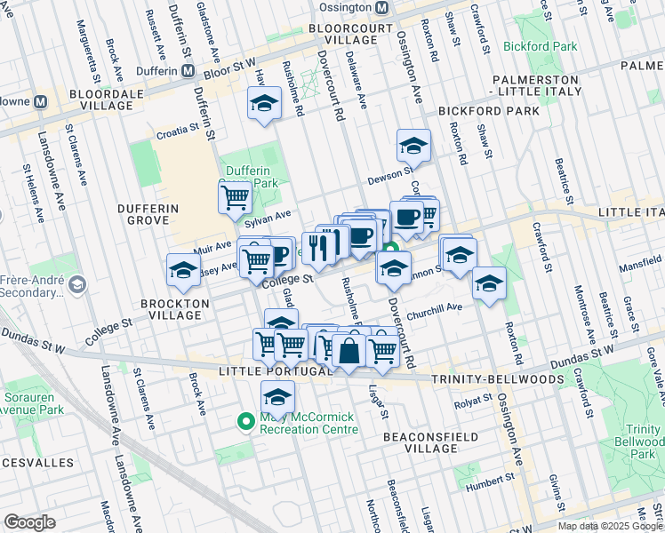 map of restaurants, bars, coffee shops, grocery stores, and more near 1000 College Street in Toronto