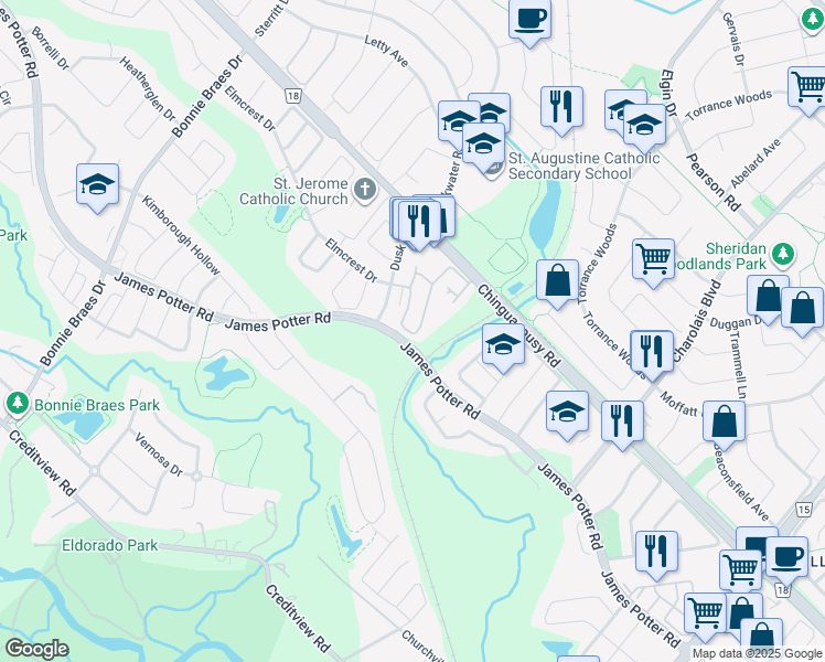 map of restaurants, bars, coffee shops, grocery stores, and more near 39 Aspen Hills Road in Brampton
