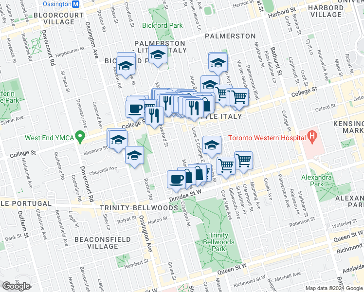 map of restaurants, bars, coffee shops, grocery stores, and more near 121 Montrose Avenue in Toronto