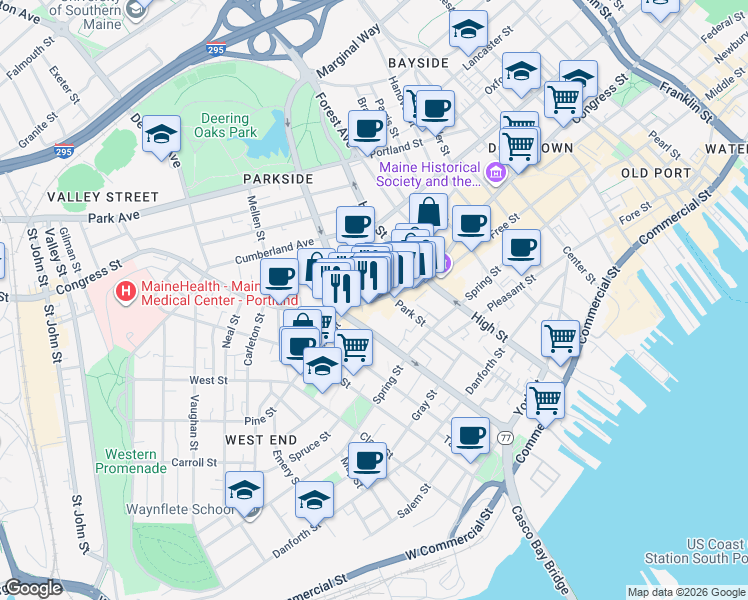 map of restaurants, bars, coffee shops, grocery stores, and more near 660 Congress Street in Portland
