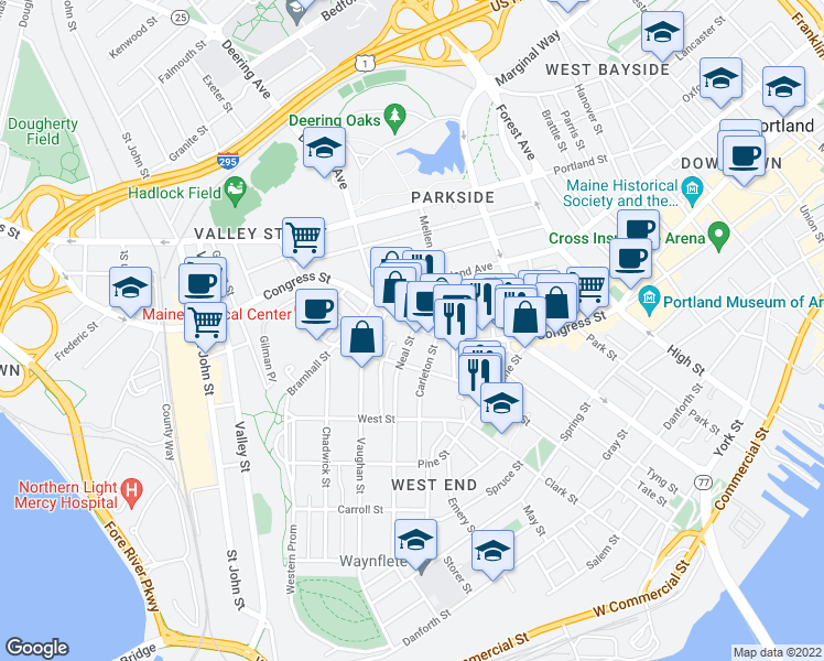 map of restaurants, bars, coffee shops, grocery stores, and more near in Portland