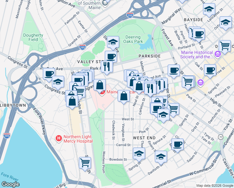 map of restaurants, bars, coffee shops, grocery stores, and more near 315 Brackett Street in Portland
