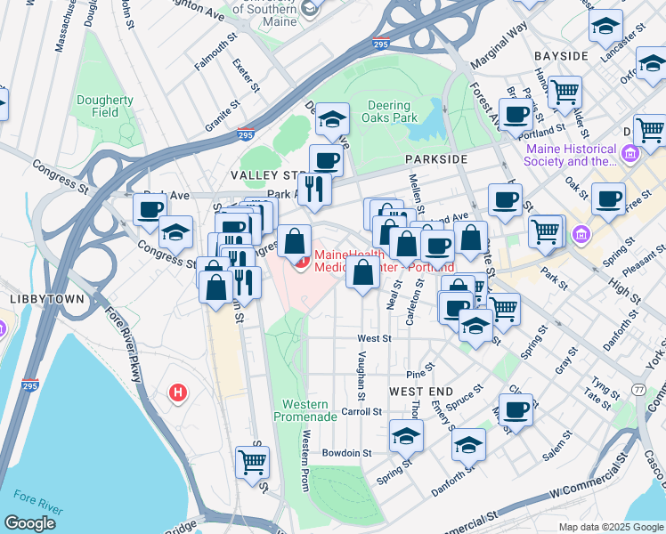 map of restaurants, bars, coffee shops, grocery stores, and more near 22 Bramhall Street in Portland