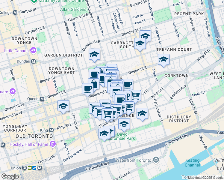 map of restaurants, bars, coffee shops, grocery stores, and more near 298 Richmond Street East in Toronto