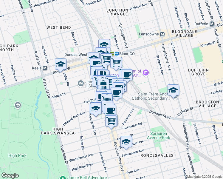 map of restaurants, bars, coffee shops, grocery stores, and more near in Toronto