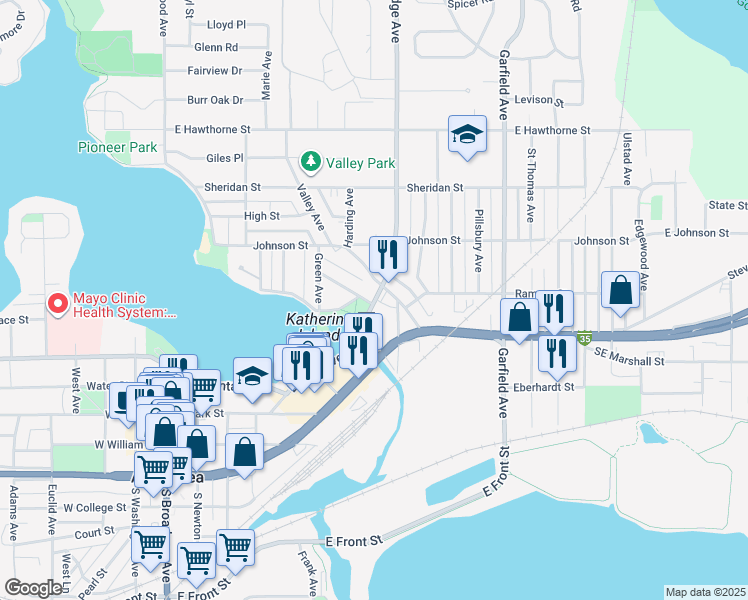 map of restaurants, bars, coffee shops, grocery stores, and more near 422 Bridge Avenue in Albert Lea