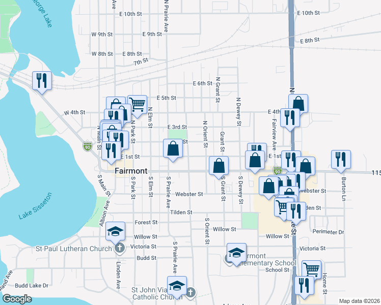 map of restaurants, bars, coffee shops, grocery stores, and more near 424 East 1st Street in Fairmont