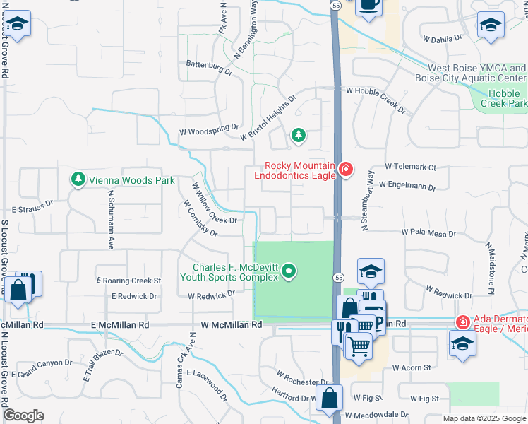 map of restaurants, bars, coffee shops, grocery stores, and more near 14151 West Wrigley Street in Boise